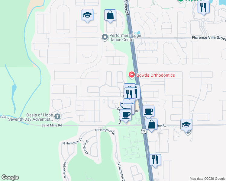 map of restaurants, bars, coffee shops, grocery stores, and more near 153 Glasgow Court in Davenport