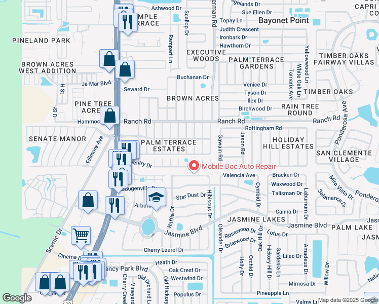 map of restaurants, bars, coffee shops, grocery stores, and more near 10820 Oakdale Avenue in Port Richey