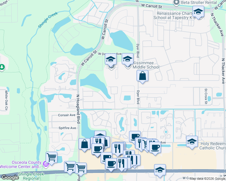 map of restaurants, bars, coffee shops, grocery stores, and more near 2344 Pebble Brook Road in Kissimmee