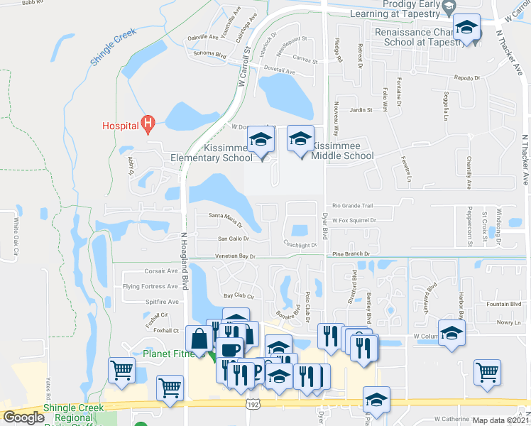 map of restaurants, bars, coffee shops, grocery stores, and more near 2344 Pebble Brook Road in Kissimmee