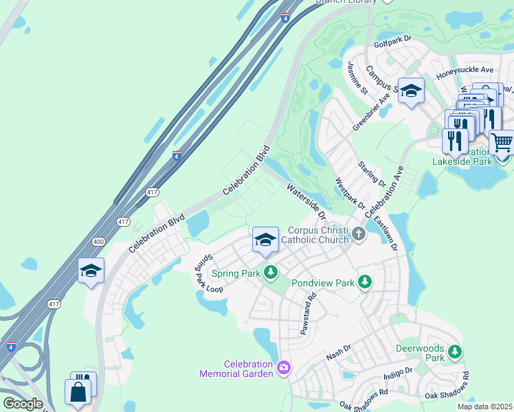 map of restaurants, bars, coffee shops, grocery stores, and more near 736 Centervale Drive in Celebration