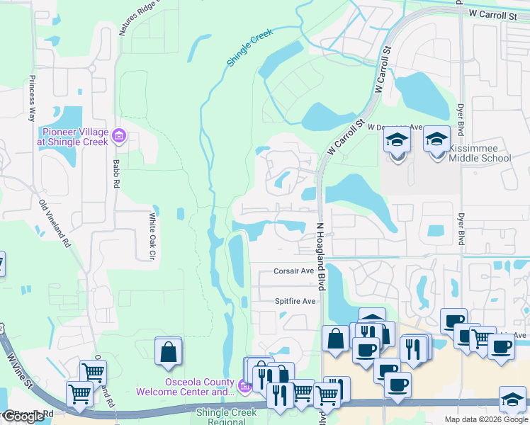 map of restaurants, bars, coffee shops, grocery stores, and more near 4100 Arrow Ridge Place in Kissimmee