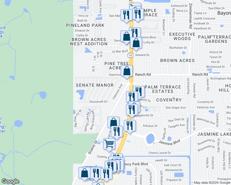 map of restaurants, bars, coffee shops, grocery stores, and more near 10821 Fillmore Avenue in Port Richey