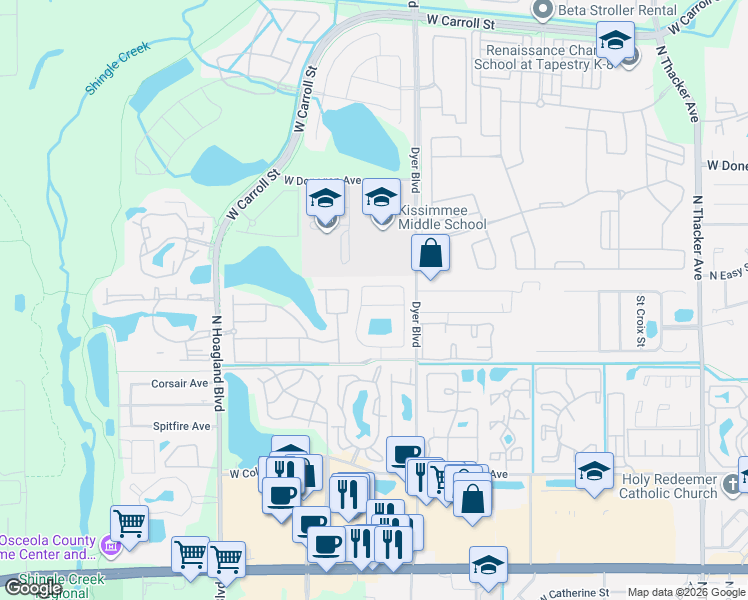 map of restaurants, bars, coffee shops, grocery stores, and more near 3434 Fox Crossing Drive in Kissimmee