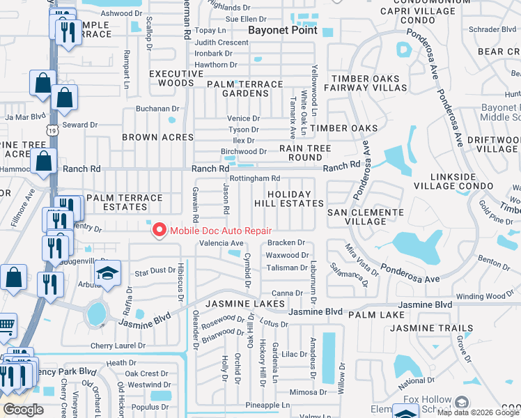 map of restaurants, bars, coffee shops, grocery stores, and more near 10804 Manchester Road in Port Richey