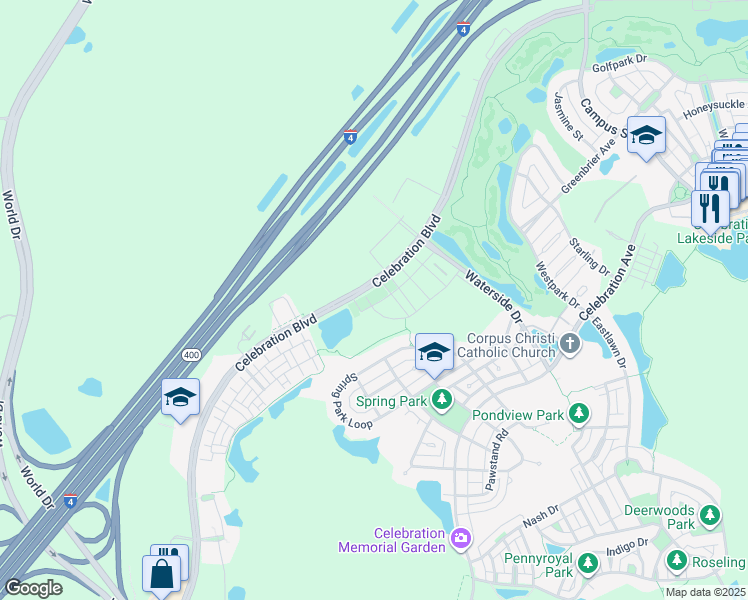 map of restaurants, bars, coffee shops, grocery stores, and more near 765 Centervale Drive in Celebration