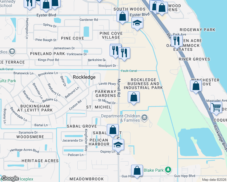 map of restaurants, bars, coffee shops, grocery stores, and more near 828 Poinciana Street in Rockledge