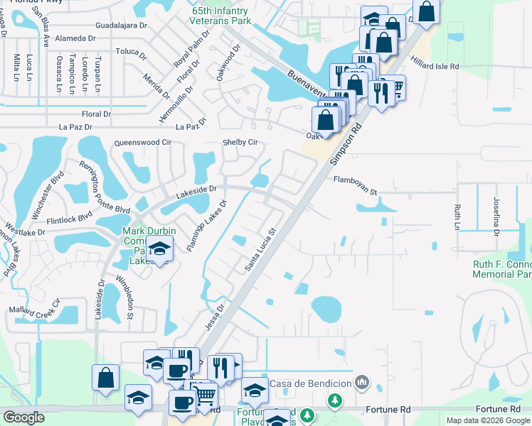 map of restaurants, bars, coffee shops, grocery stores, and more near 2307 Santa Ana Street in Kissimmee