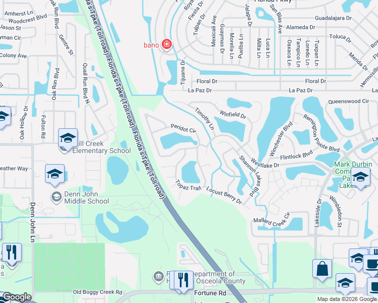 map of restaurants, bars, coffee shops, grocery stores, and more near 2309 Topaz Trail in Kissimmee