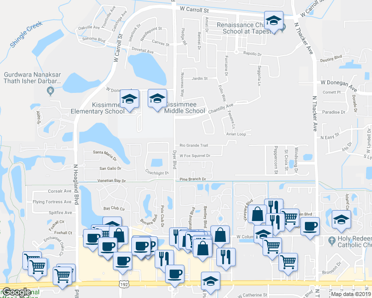 map of restaurants, bars, coffee shops, grocery stores, and more near 3102 West Fox Squirrel Drive in Kissimmee