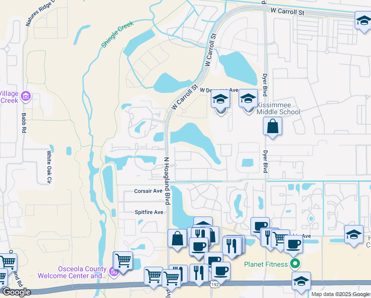 map of restaurants, bars, coffee shops, grocery stores, and more near 4001 San Sebastian Drive in Kissimmee