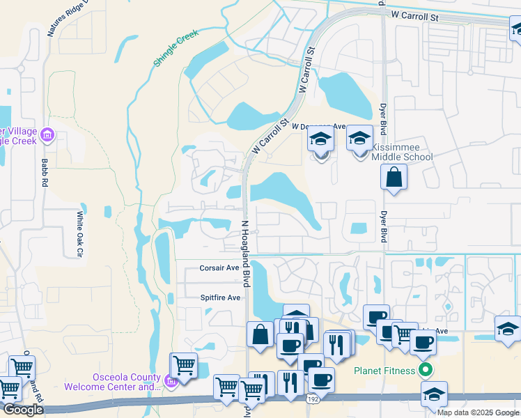 map of restaurants, bars, coffee shops, grocery stores, and more near 4001 San Sebastian Drive in Kissimmee