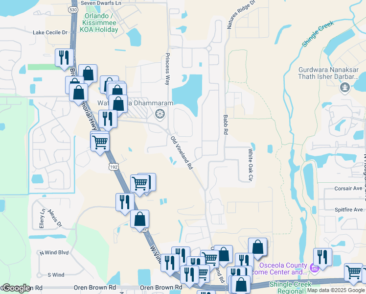 map of restaurants, bars, coffee shops, grocery stores, and more near 2375 Old Vineland Road in Kissimmee
