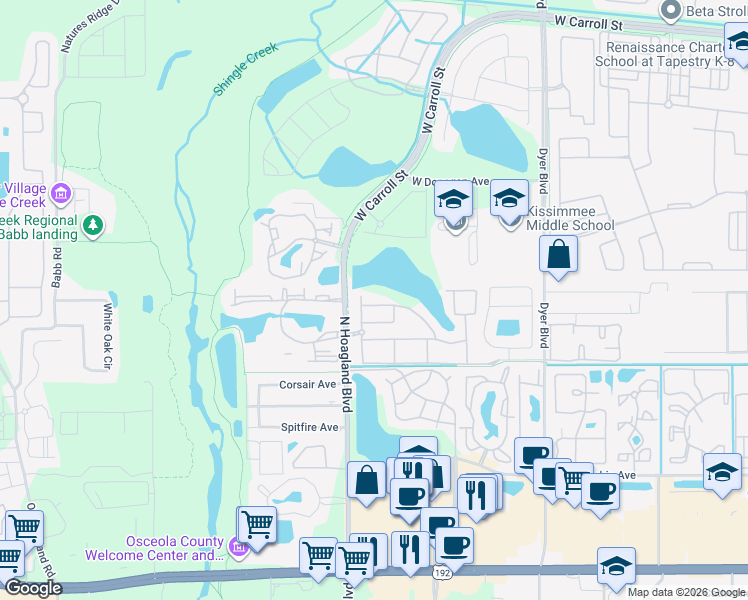 map of restaurants, bars, coffee shops, grocery stores, and more near 4001 San Sebastian Drive in Kissimmee