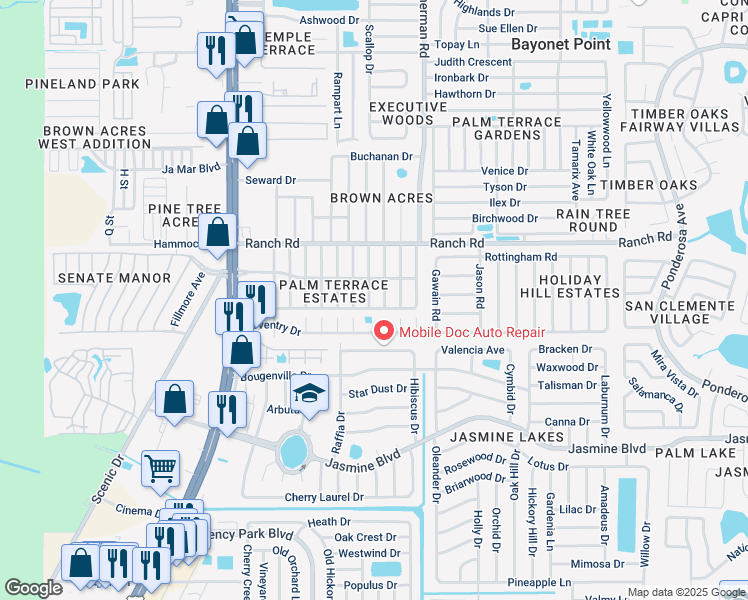 map of restaurants, bars, coffee shops, grocery stores, and more near 10824 Oakdale Avenue in Port Richey