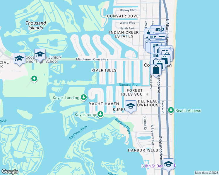 map of restaurants, bars, coffee shops, grocery stores, and more near 132 Yacht Haven Drive in Cocoa Beach
