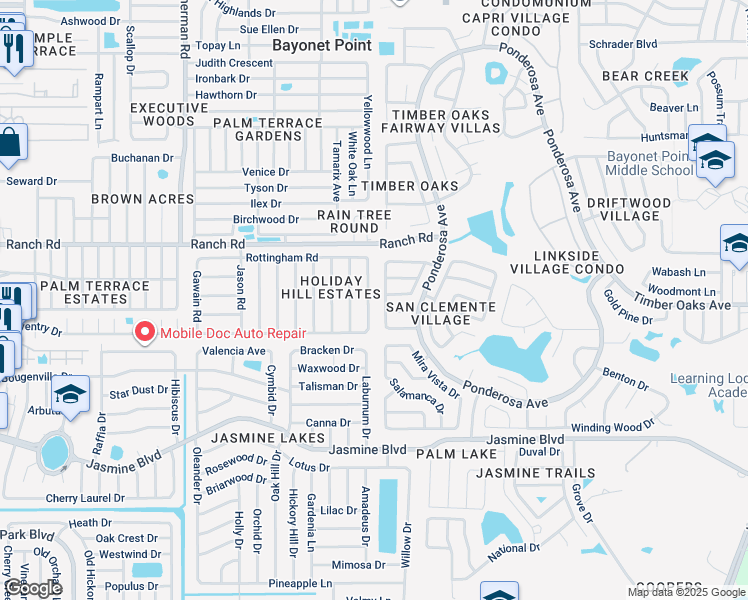 map of restaurants, bars, coffee shops, grocery stores, and more near 10900 Queens Road in Port Richey