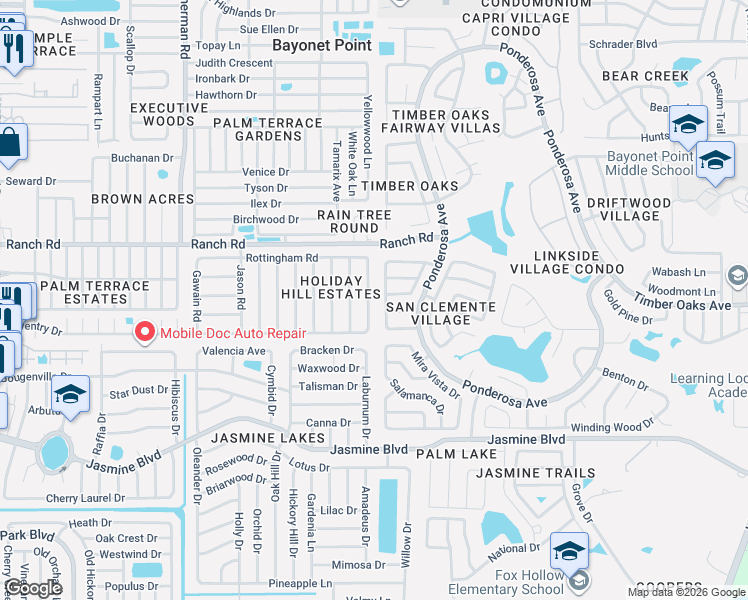 map of restaurants, bars, coffee shops, grocery stores, and more near 10900 Queens Road in Port Richey