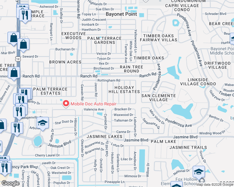 map of restaurants, bars, coffee shops, grocery stores, and more near 10902 Manchester Road in Port Richey