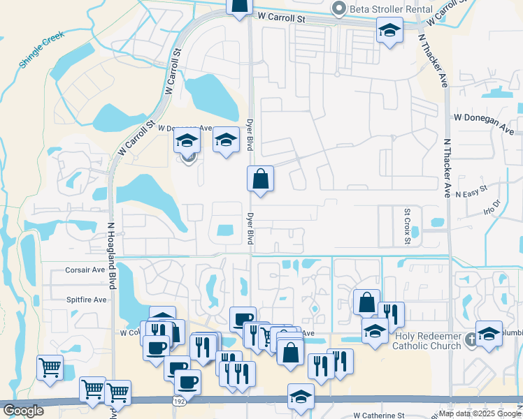 map of restaurants, bars, coffee shops, grocery stores, and more near 3222 Rio Grande Trail in Kissimmee