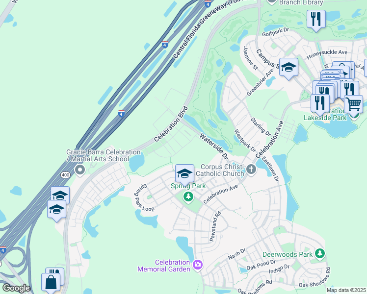 map of restaurants, bars, coffee shops, grocery stores, and more near 736 Centervale Drive in Celebration
