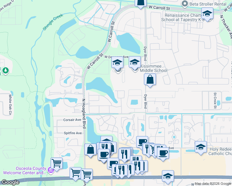 map of restaurants, bars, coffee shops, grocery stores, and more near 2215 San Vittorino Circle in Kissimmee