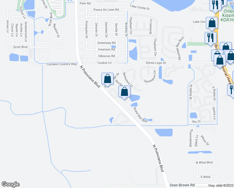 map of restaurants, bars, coffee shops, grocery stores, and more near 2306 Rochelle Avenue in Kissimmee