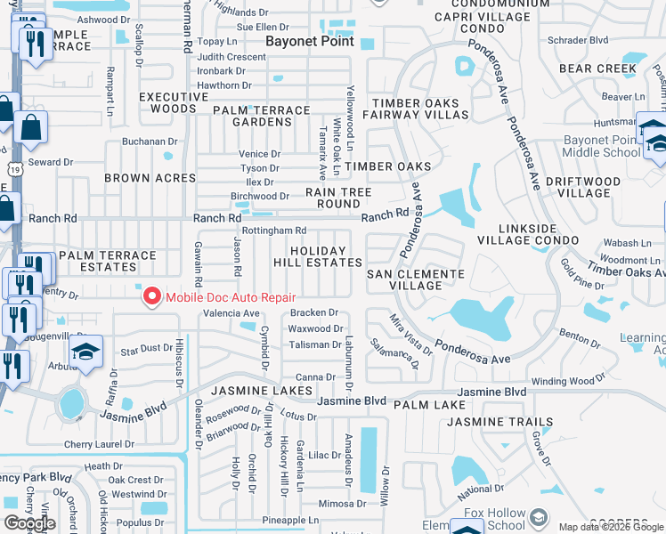 map of restaurants, bars, coffee shops, grocery stores, and more near 10902 Oldham Road in Port Richey
