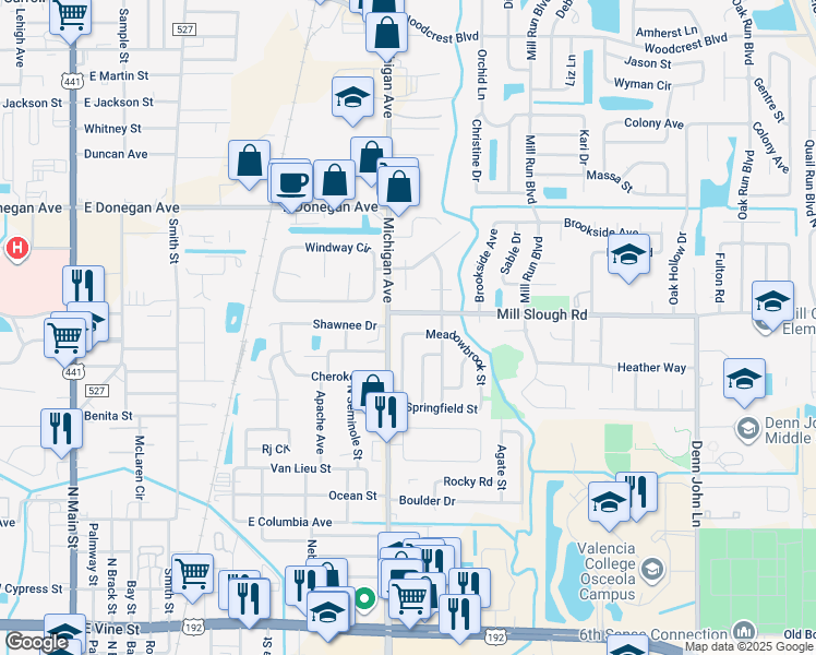 map of restaurants, bars, coffee shops, grocery stores, and more near 1317 Meadowbrook Street in Kissimmee