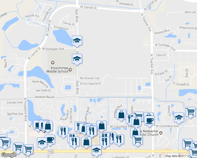 map of restaurants, bars, coffee shops, grocery stores, and more near 2826 Rio Grande Trail in Kissimmee