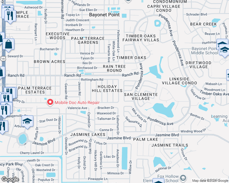 map of restaurants, bars, coffee shops, grocery stores, and more near 10826 Piccadilly Road in Port Richey