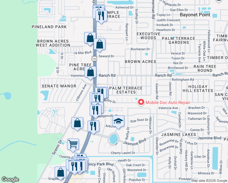 map of restaurants, bars, coffee shops, grocery stores, and more near 10828 Hillcrest Avenue in Port Richey