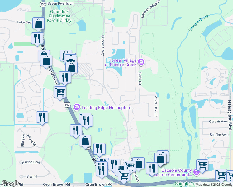 map of restaurants, bars, coffee shops, grocery stores, and more near 2455 Caravelle Circle in Kissimmee