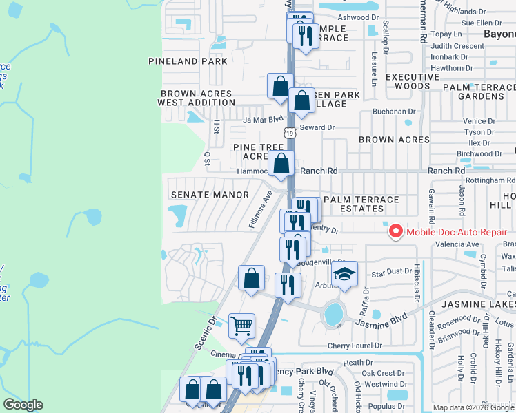 map of restaurants, bars, coffee shops, grocery stores, and more near 10905 Fillmore Avenue in Port Richey