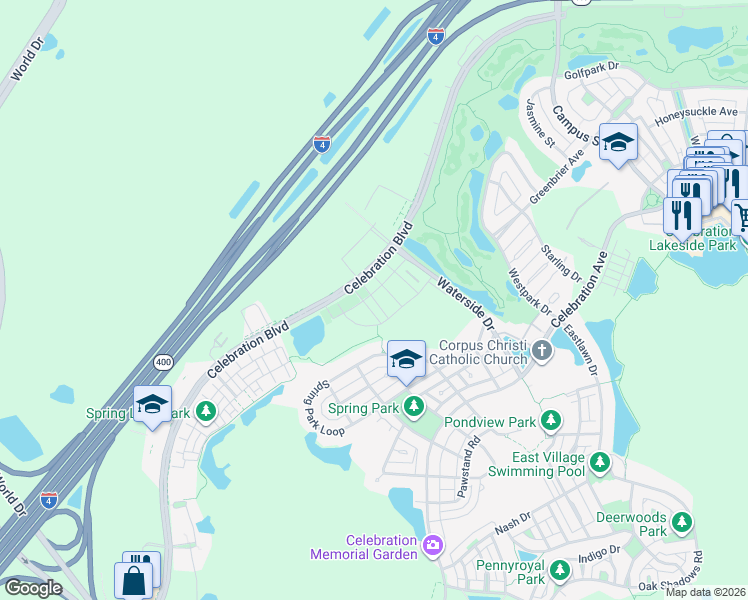 map of restaurants, bars, coffee shops, grocery stores, and more near 1021 Siena Park Boulevard East in Celebration
