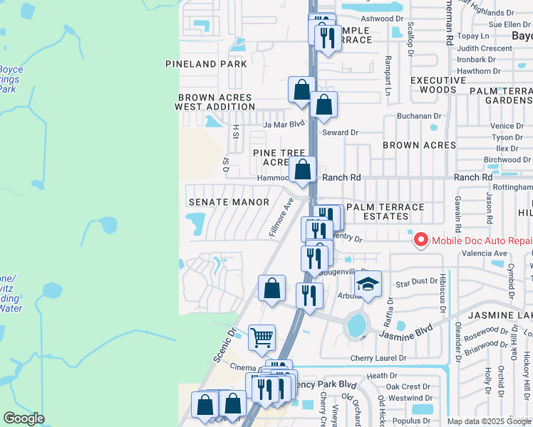 map of restaurants, bars, coffee shops, grocery stores, and more near 10901 London Drive in Port Richey