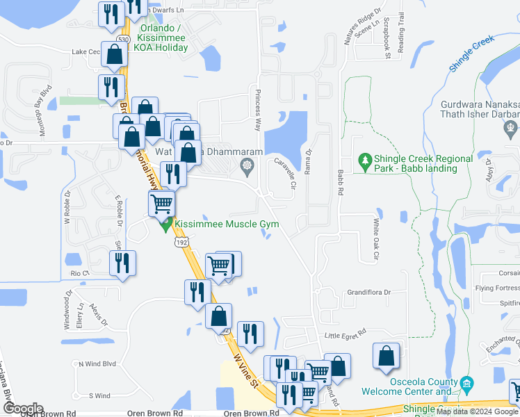 map of restaurants, bars, coffee shops, grocery stores, and more near 2400 Old Vineland Road in Kissimmee