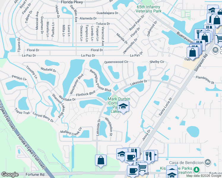 map of restaurants, bars, coffee shops, grocery stores, and more near 2416 Queenswood Circle in Kissimmee