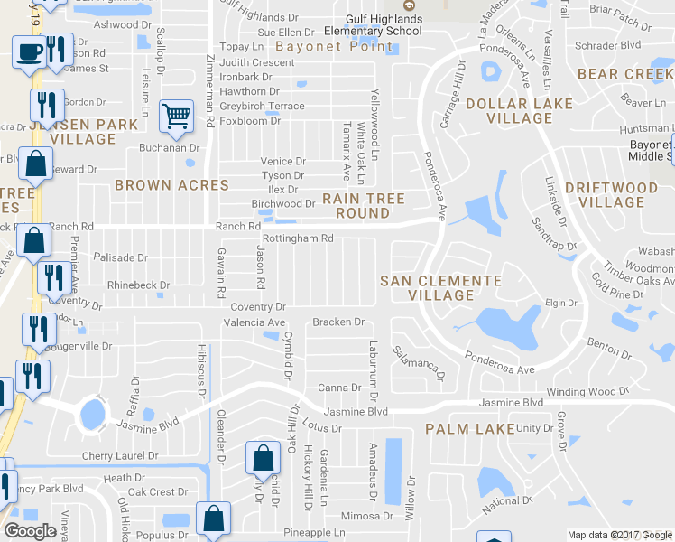 map of restaurants, bars, coffee shops, grocery stores, and more near 10831 Oldham Road in Port Richey