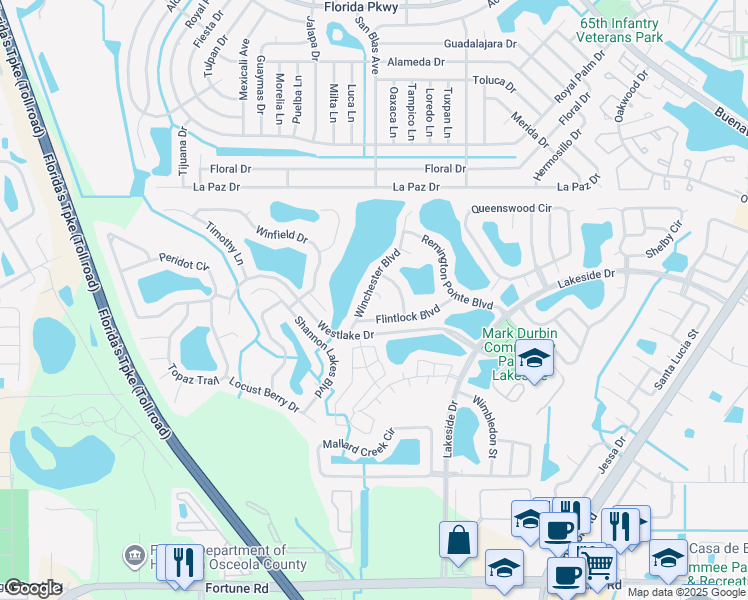 map of restaurants, bars, coffee shops, grocery stores, and more near 2104 Derringer Court in Kissimmee
