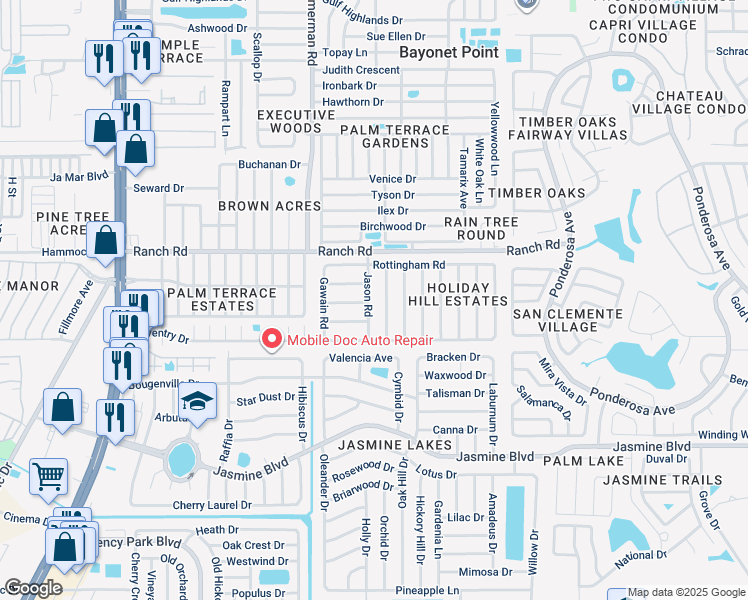 map of restaurants, bars, coffee shops, grocery stores, and more near 7608 Galahad Road in Port Richey