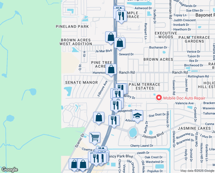 map of restaurants, bars, coffee shops, grocery stores, and more near 10905 Fillmore Avenue in Port Richey