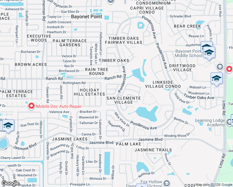map of restaurants, bars, coffee shops, grocery stores, and more near 8034 San Fernando Drive in Port Richey
