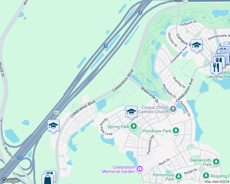 map of restaurants, bars, coffee shops, grocery stores, and more near 1020 Siena Park Boulevard West in Kissimmee