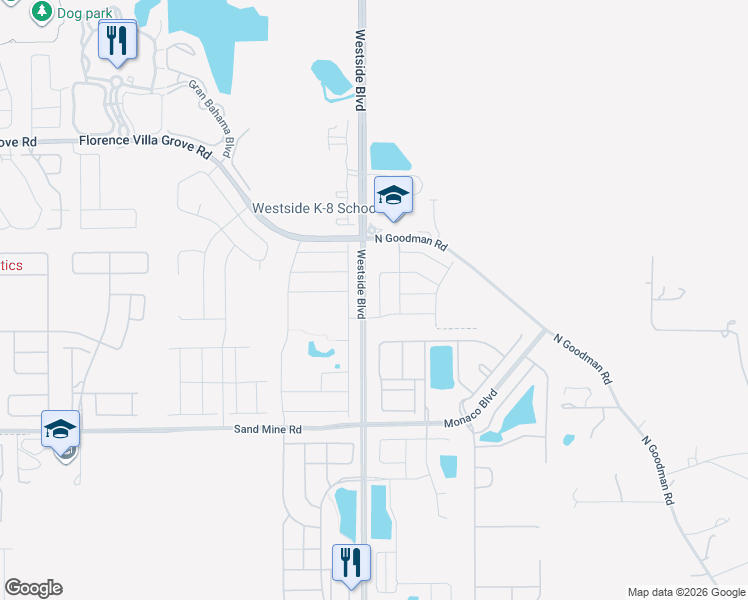 map of restaurants, bars, coffee shops, grocery stores, and more near 2420 Dubai Street in Kissimmee