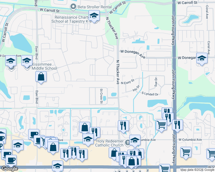map of restaurants, bars, coffee shops, grocery stores, and more near 2103 Windingridge Avenue South in Kissimmee