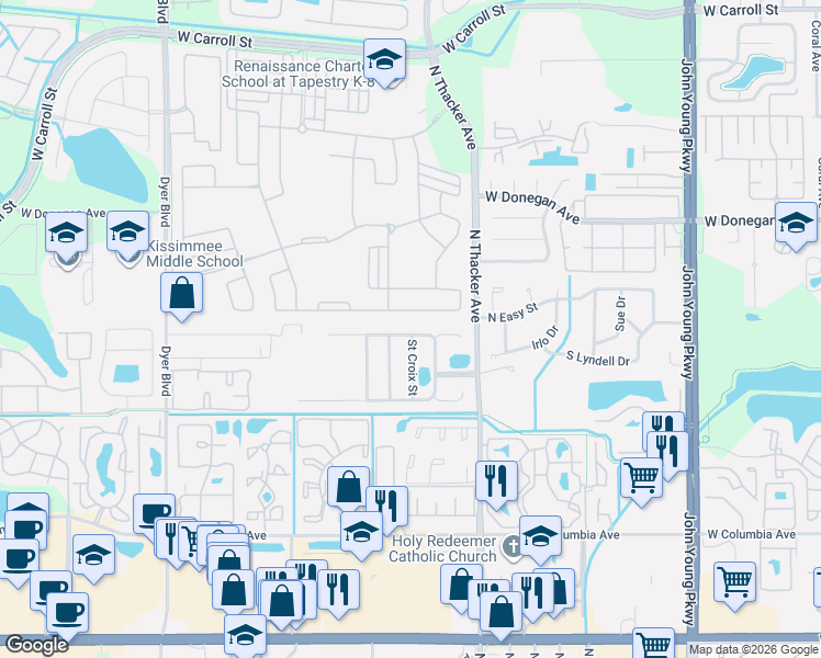 map of restaurants, bars, coffee shops, grocery stores, and more near 2211 Winding Ridge Avenue North in Kissimmee