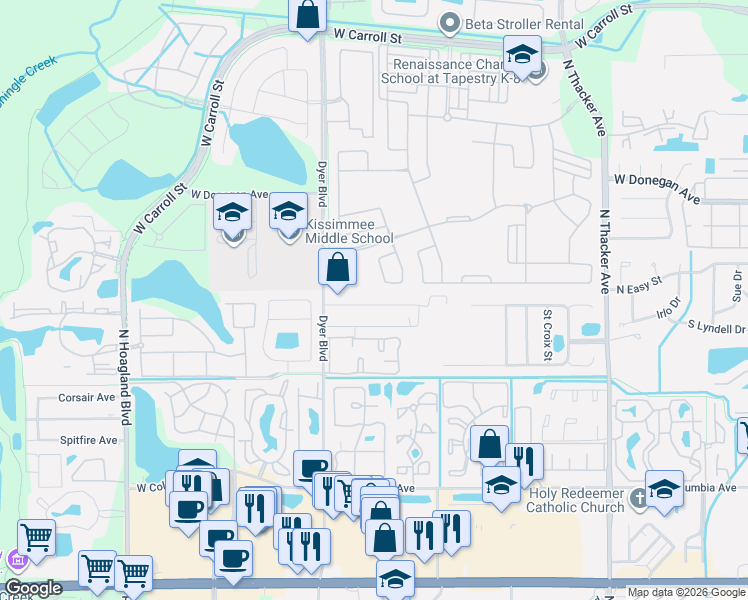 map of restaurants, bars, coffee shops, grocery stores, and more near 3119 Rio Grande Trail in Kissimmee