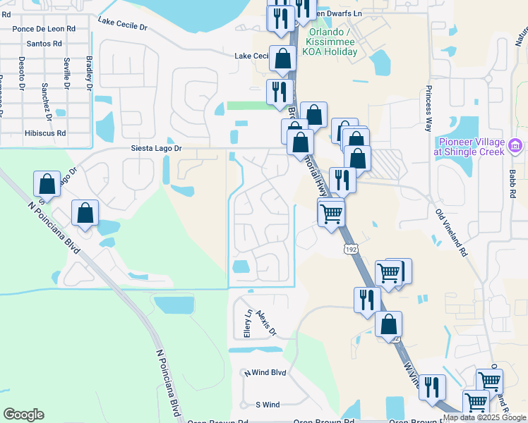 map of restaurants, bars, coffee shops, grocery stores, and more near 4728 Cirento Drive in Kissimmee
