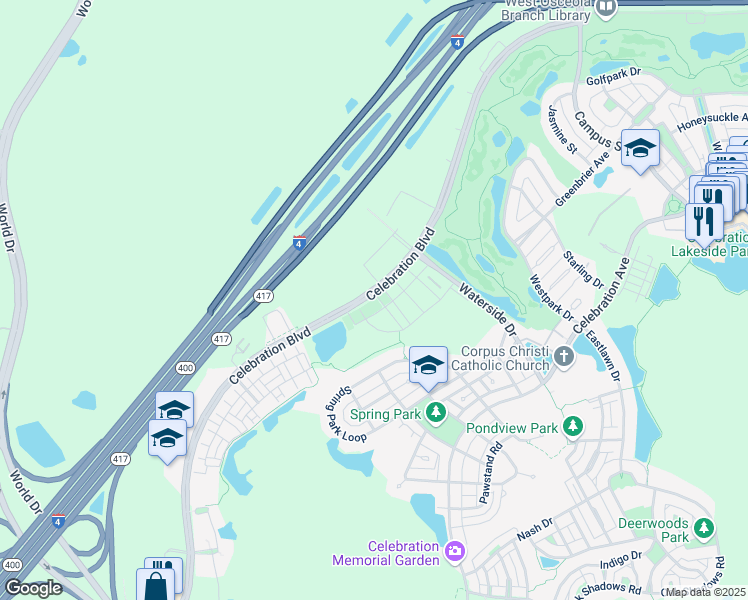 map of restaurants, bars, coffee shops, grocery stores, and more near 1290 Celebration Boulevard in Celebration